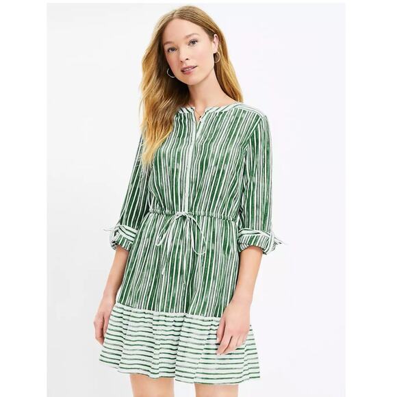 LOFT Striped Tab Sleeve Button Flounce Dress - Picture 2 of 11